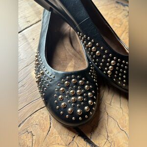 AEROSOLES Studded Black Leather and Gold Flats